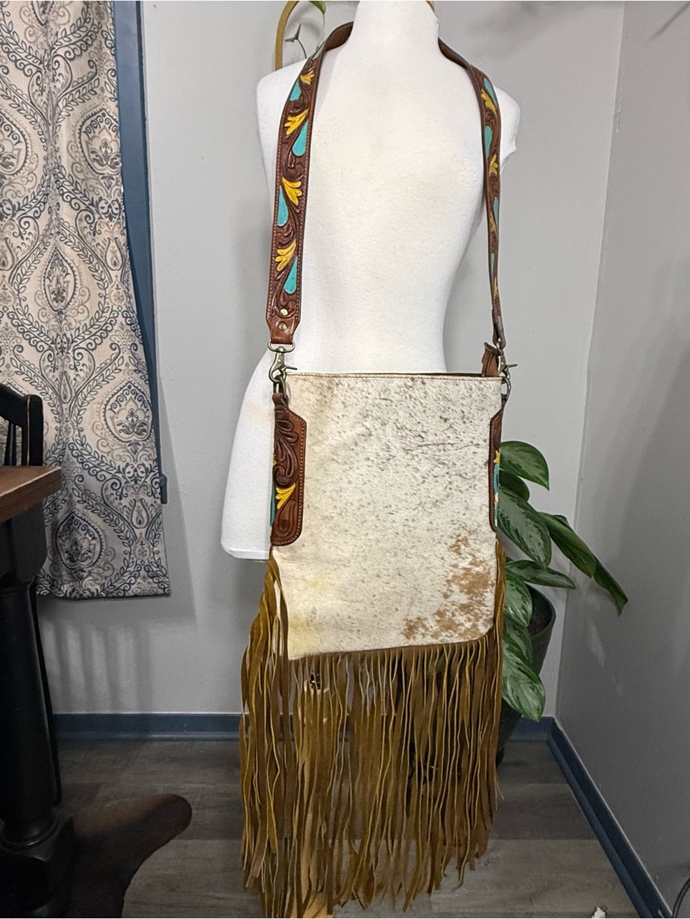 American Darling Cowhide Leather Fringe Crossbody Bag Turquoise Tooled Purse